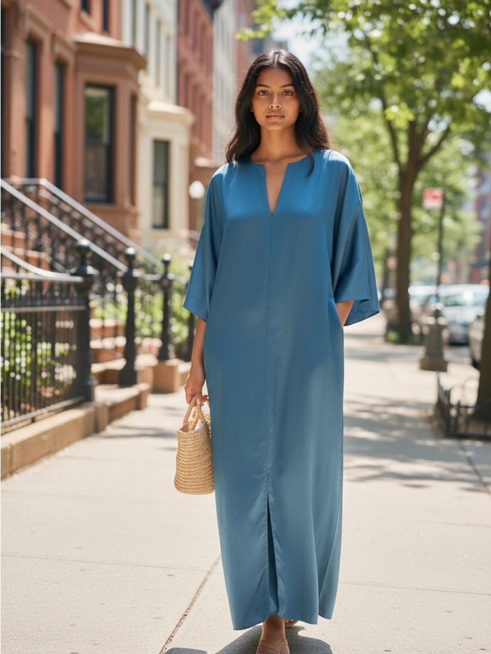 Zero+Maria Cornejo blue satin finish caftan new with tags